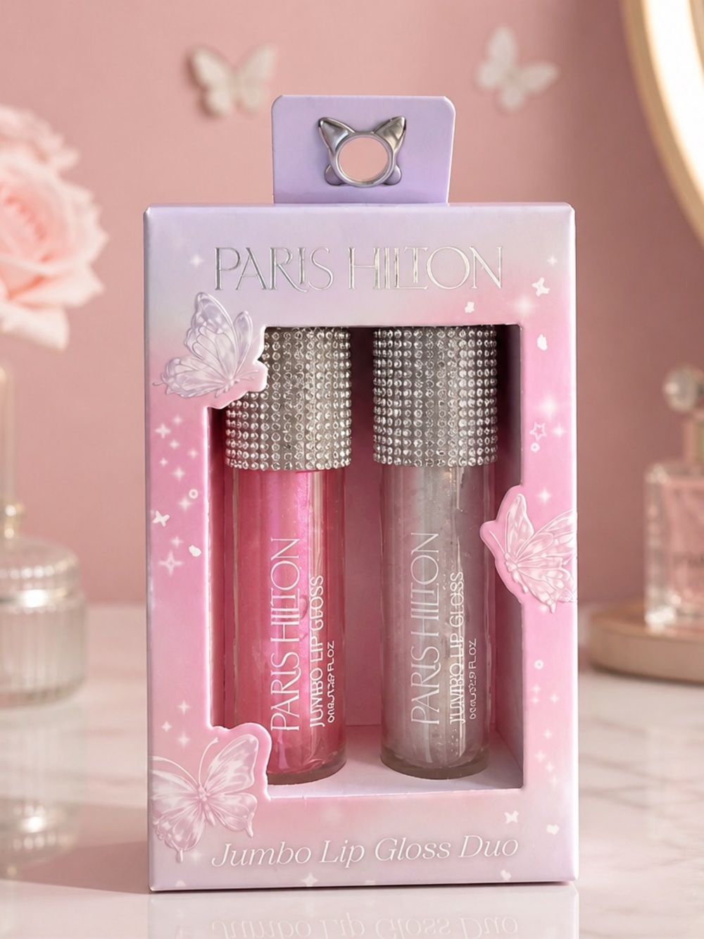 Paris Hilton Jumbo Lip Gloss Duo Pink & Silver Sparkle 2PC Set NWT